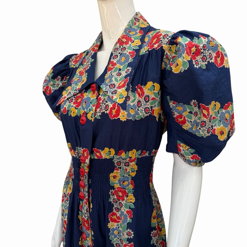 VTG 1940’s Extreme Puff Sleeve Maxi Dress Cotton Border Print Dagger Collar, L - Picture 12 of 14